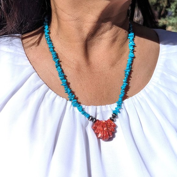 Navajo Necklace Handmade Sleeping Beauty Turquoise & Spiny Oyster Na Jewelry***
